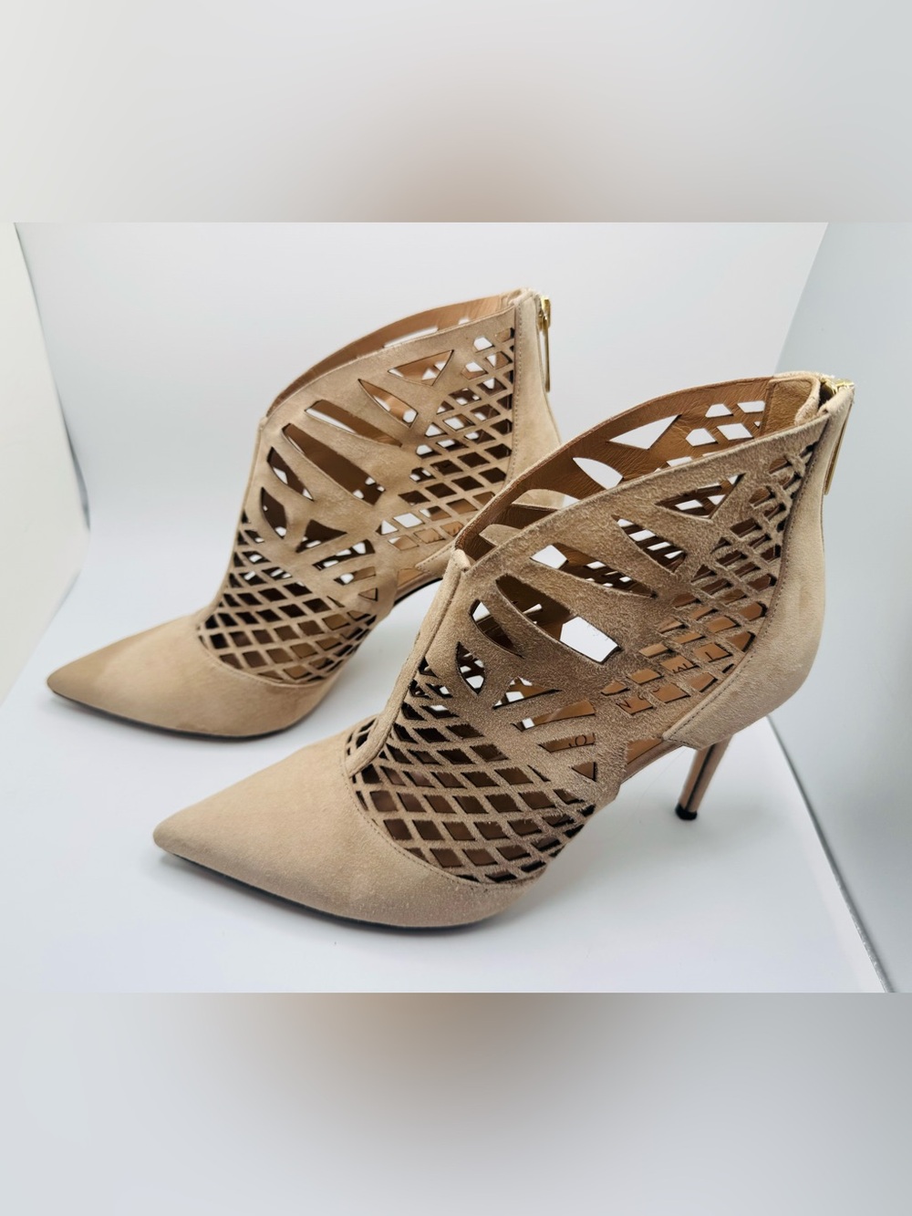 Tamara Mellon Beige Laser-Cut Pointed Toe Heels